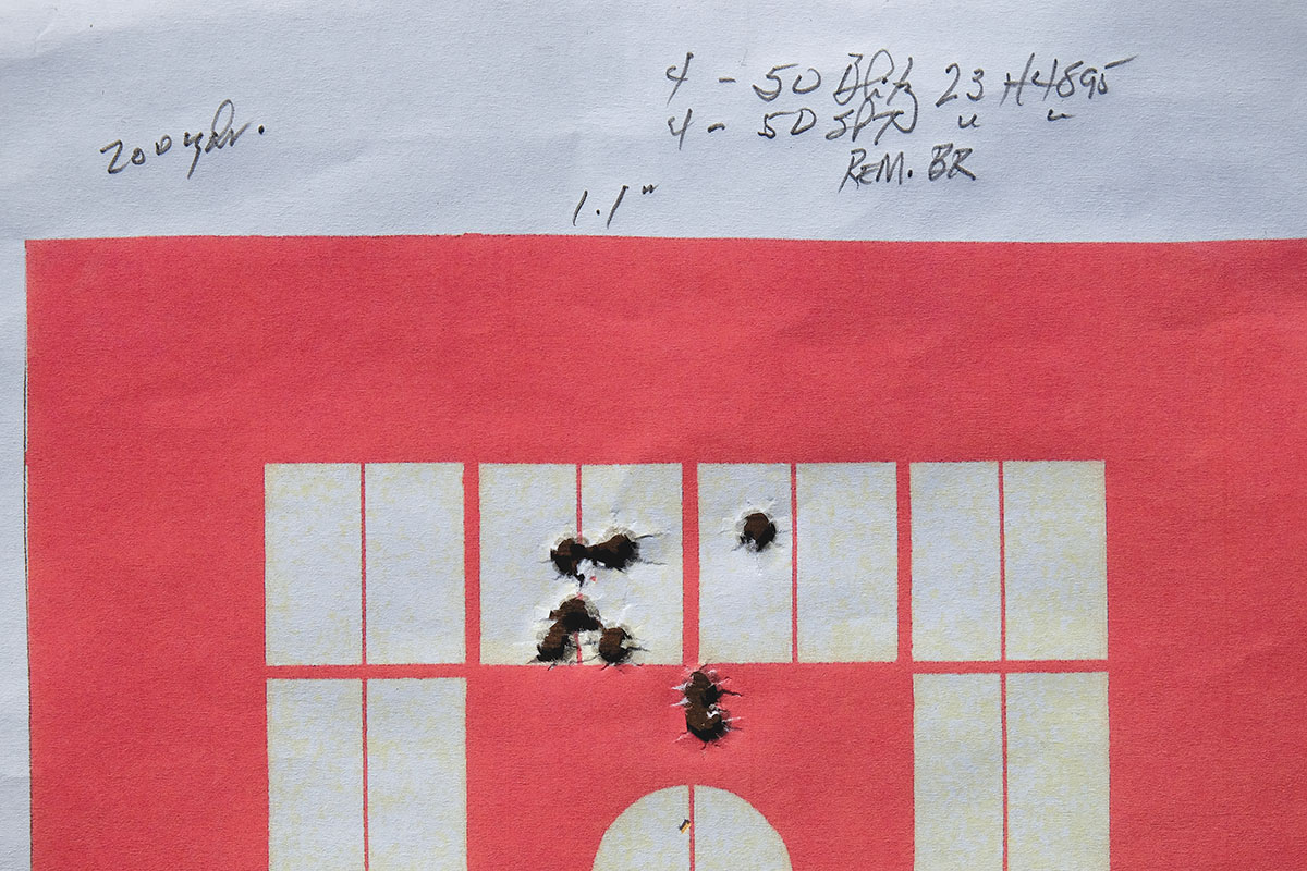 With a 222 Remington at 200 yards, this group was shot with four each Sierra 50-grain Blitz bullets and 50-grain spitzer softpoints and measures 1.1 inches. All loads used 23 grains of H-4895 and Remington BR primers.